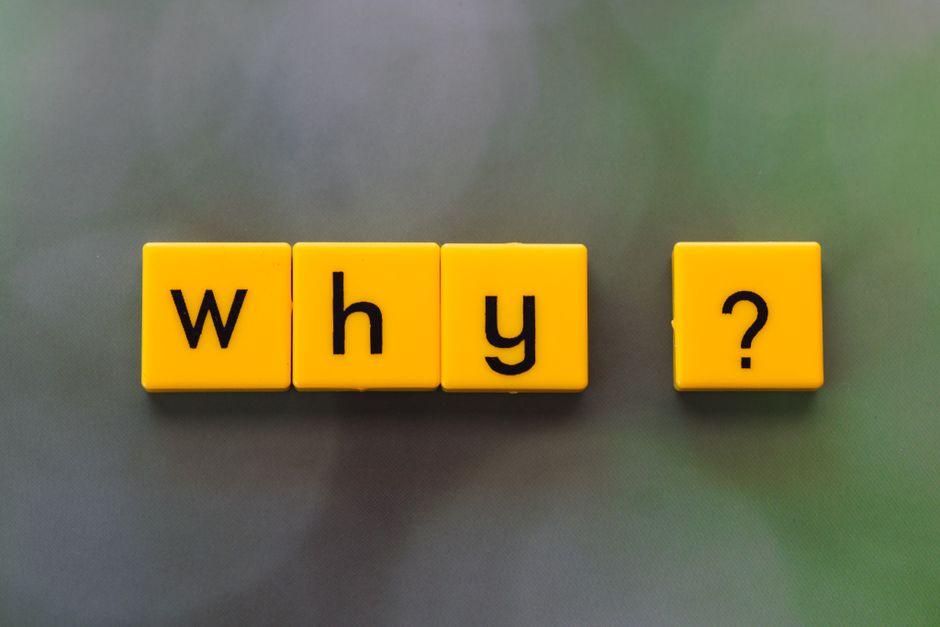 Image shows four yellow lettered tiles arranged horizontally on a neutral grey surface. The tiles display the letters 'w', 'h', 'y', followed by a fifth tile with a black question mark. The scene sugg